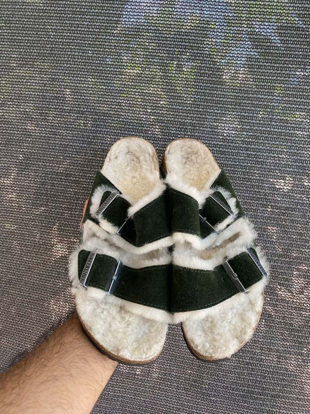 Birkenstock Arizona Shearling-Lined Suede Sandals in Mountain View Green